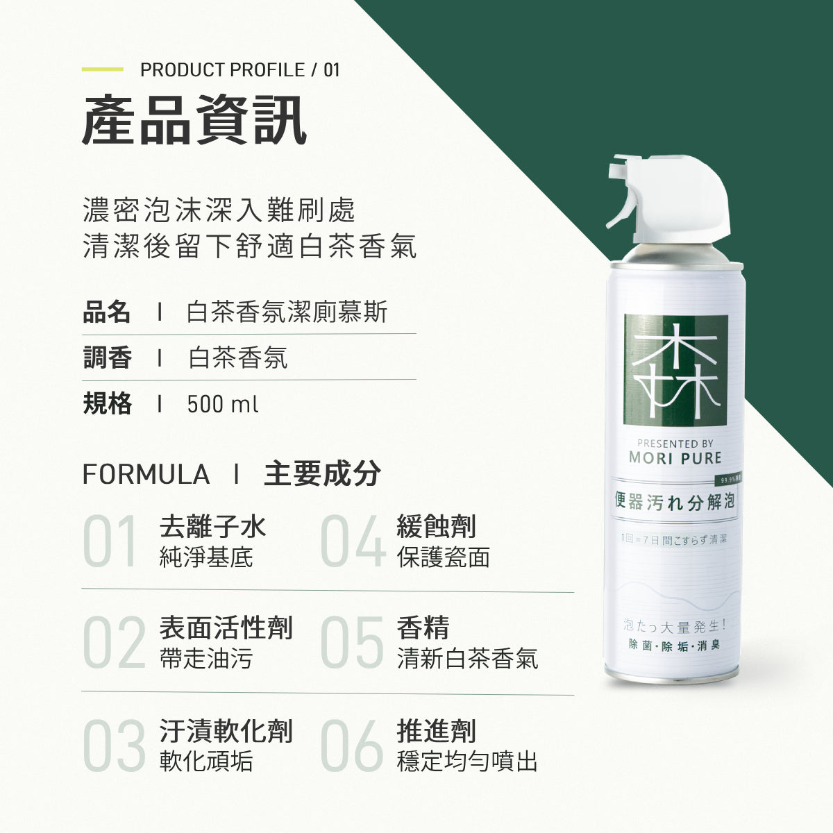 白茶香氛潔廁慕斯，森淨居所，500 ml。主要成分：去離子水、表面活性劑、汙漬軟化劑、緩蝕劑、香精、推進劑。